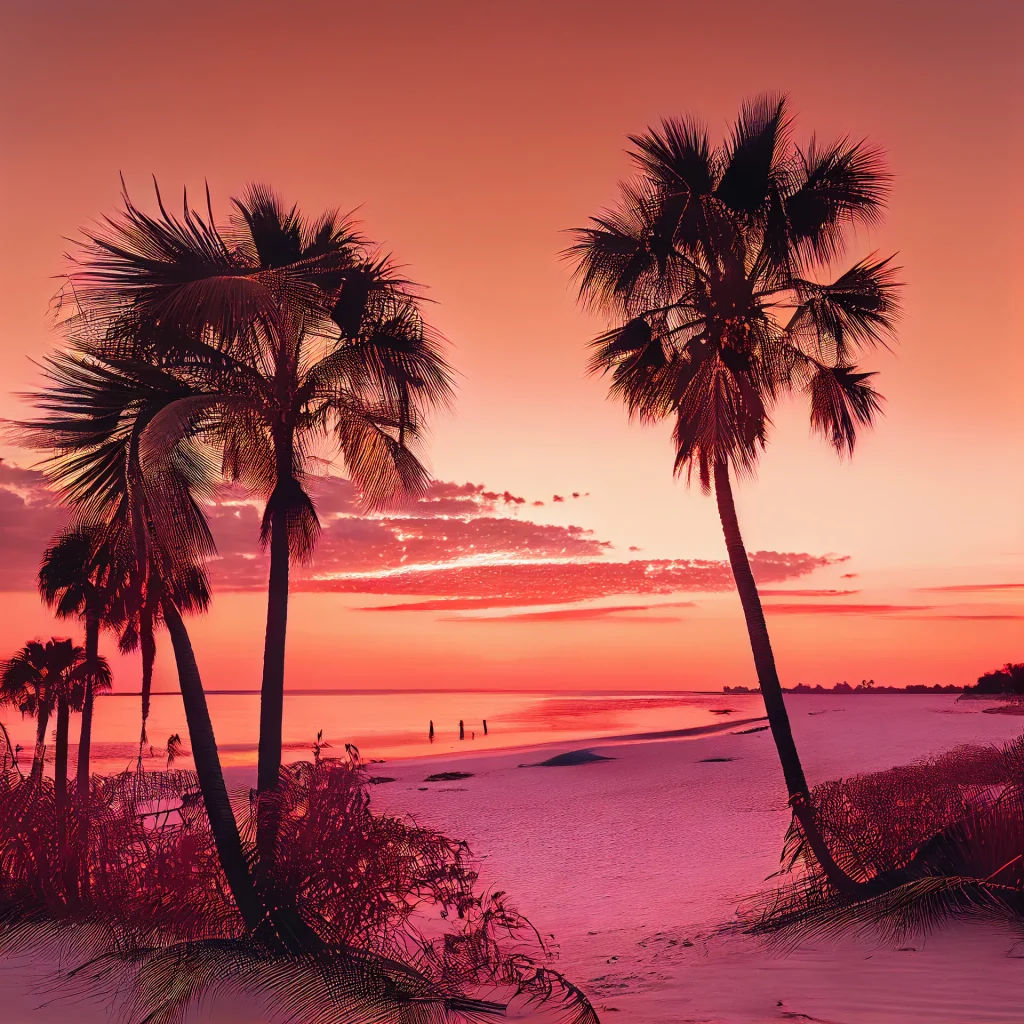 Palm trees on a Melbourne, Florida beach at sunset