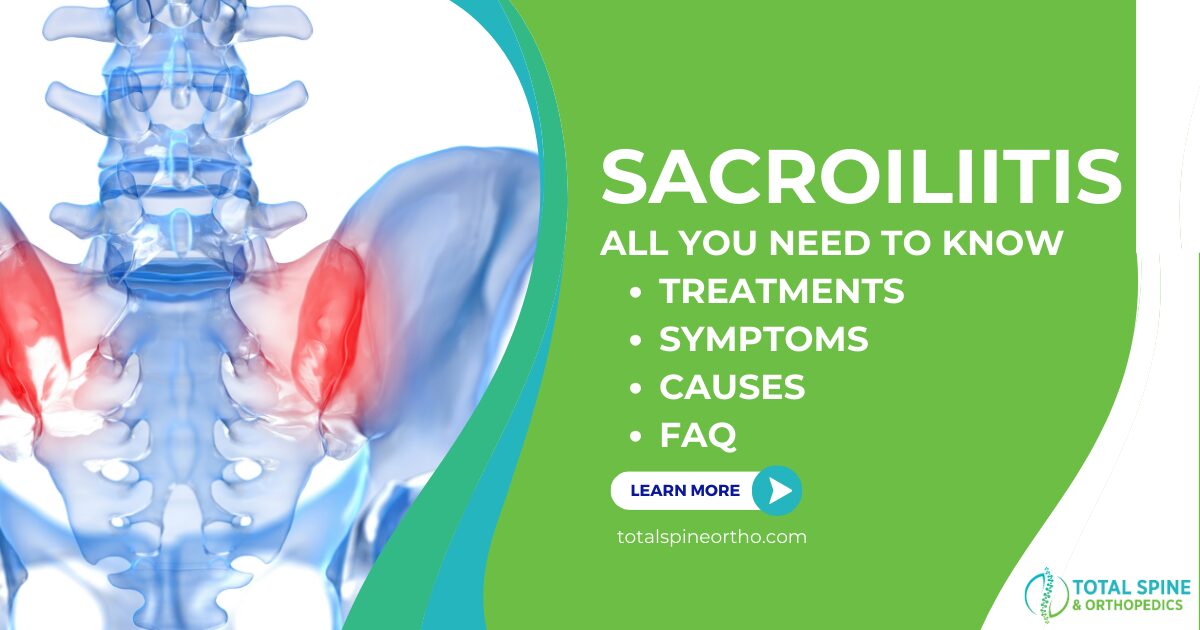 Captioned image displaying Sacroiliitis and describing treatment options and conditions
