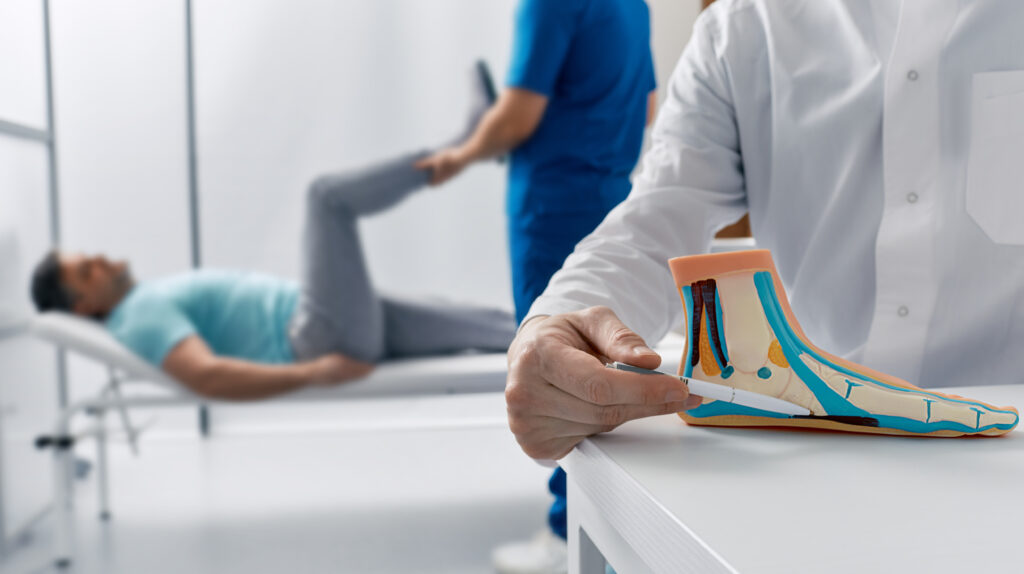 Flat feet, pes planus. Podiatrist doctor diagnose flatfoot during medical examination of patient's feet