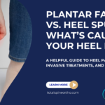 Heel Pain Plantar vs Spur Graphic and Image of man with Foot Pain