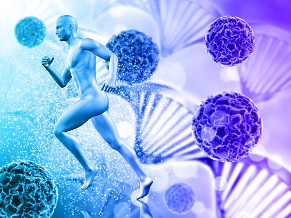 Illustration of stem cells and a runner representing regenerative medicine